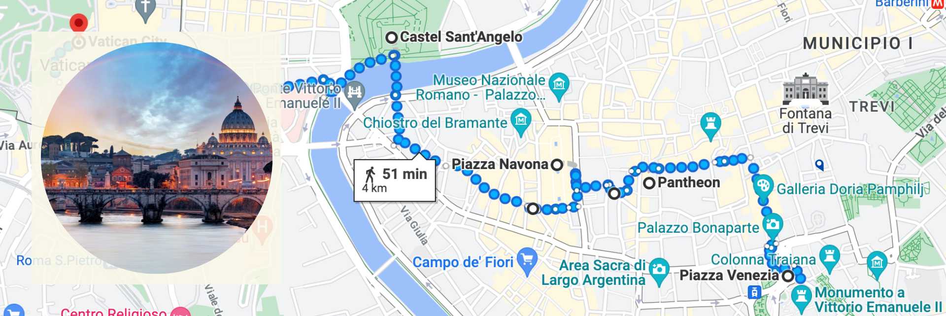 San Pietro e Ponte Sant'Angelo... Cosa vedere a Roma: Google map del percorso Campidoglio - San Pietro