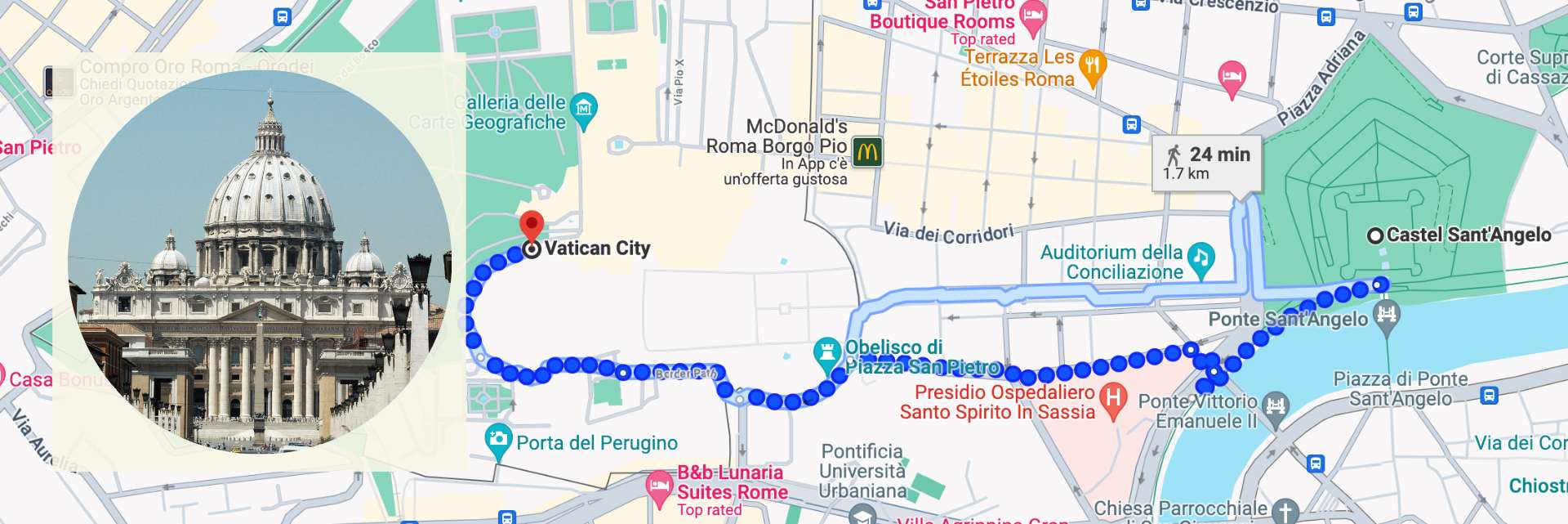 Cosa vedere a Roma: Google map del percorso Castel Sant'Angelo - Basilica di San Pietro